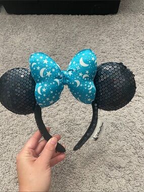 Disney Black Sequin Minnie Ears with Blue Star & Moon Bow
